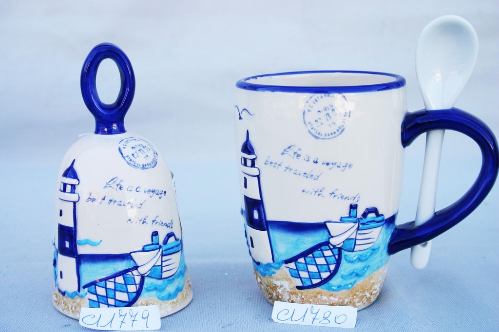 TAZZA C/CUCCHIAIO CERAMICA c/DEC. FARO E PESCI 