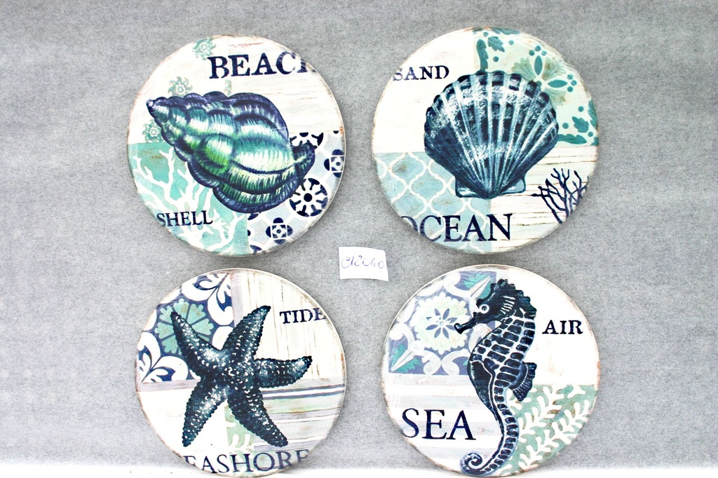 SOTTOBICC. LEGNO-CER. DIAM 10.8 CONCH BLU SET 4 PZ TONDO - 4 MOD ASS