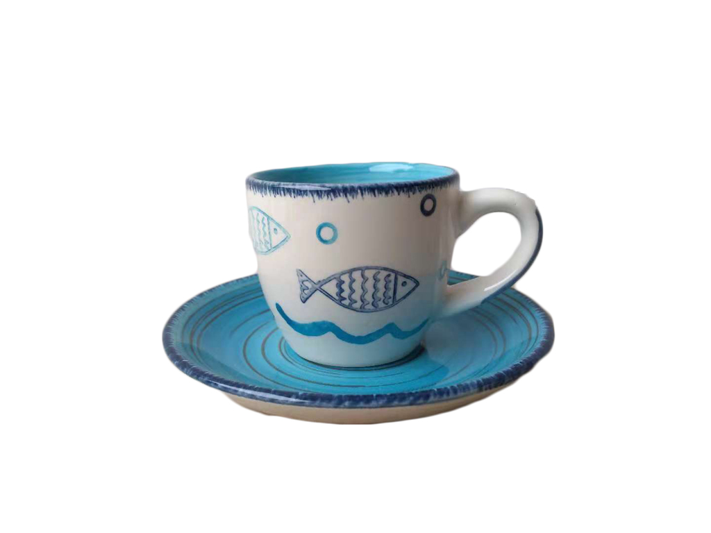 TAZZA CERAMICA C/PIATTINO BIANCA BLU PESCE 