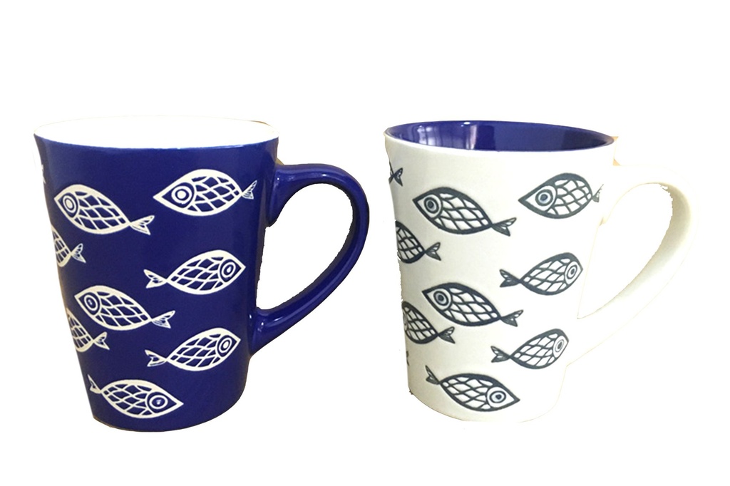 TAZZA CERAMICA BIANCA E BLU PESCI 2 MOD 