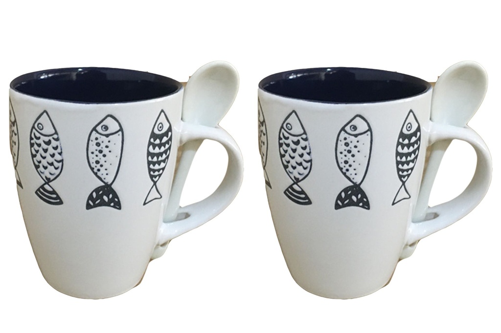 TAZZA CERAMICA BIANCA E BLU PESCI C/CUCCHIAINO 