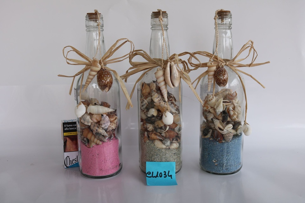 BOTTIGLIA VETRO COLLO LUNGO C/CONCH. E SABBIA 3 COL ASS