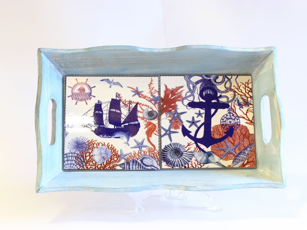 VASSOIO LEGNO C/DEC. BARCA ANCORA 37*22.5*6.5 CM 