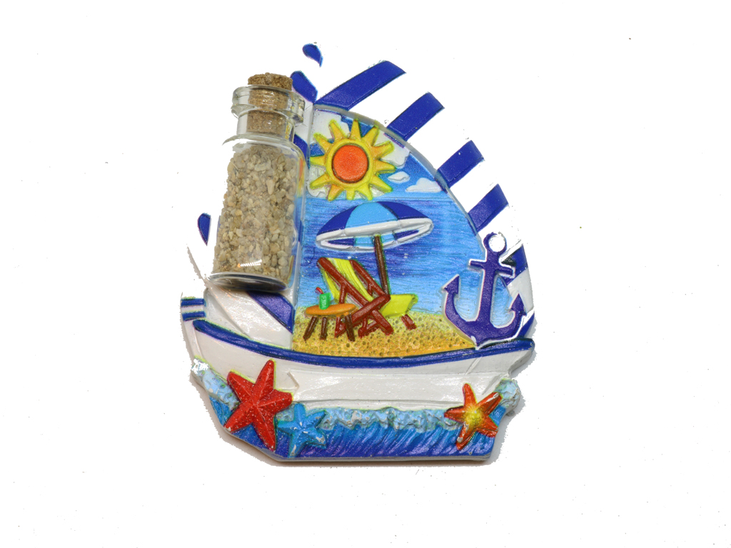 MAGNETE RESINA BARCA BIANCA/BLU C/BOTTIGLIETTA 