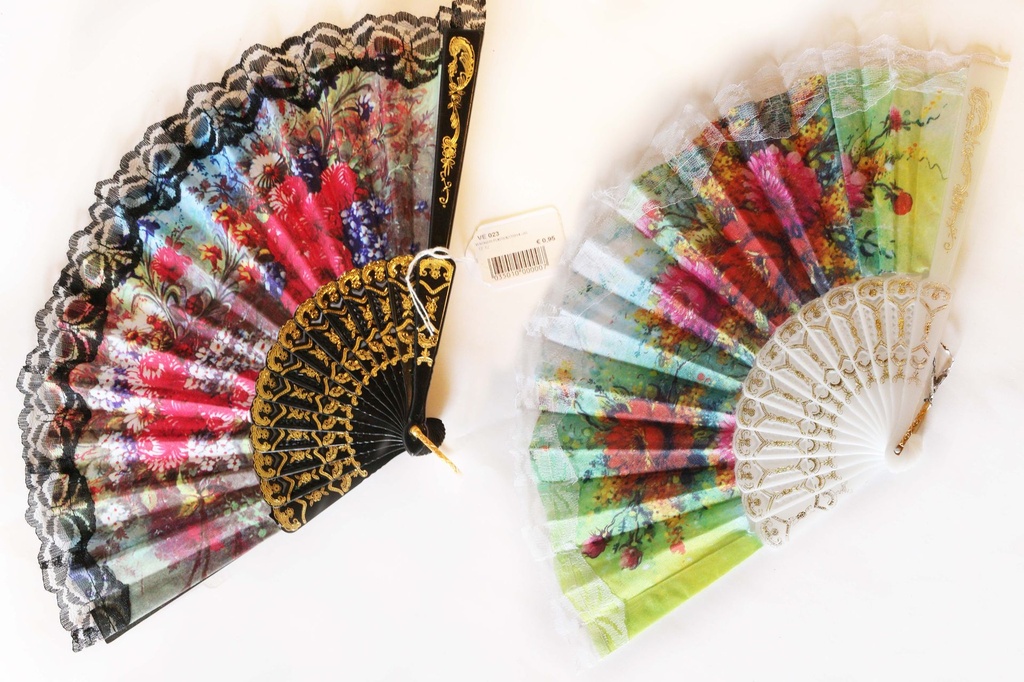 VENTAGLIO PLASTICA/STOFFA c/FIORI+PIZZO 