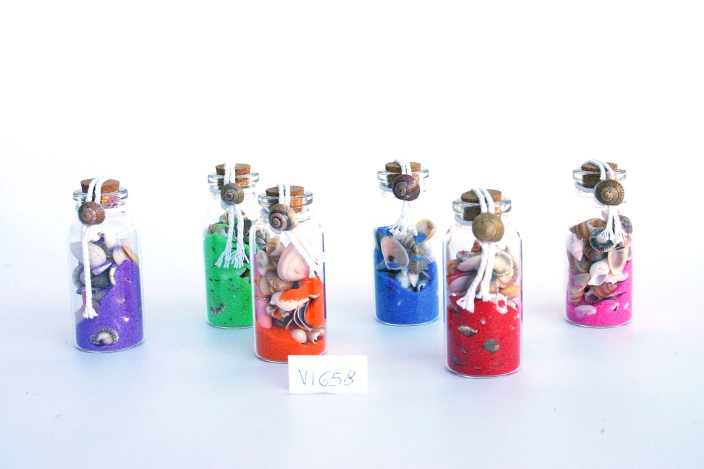 BOTTIGLIETTA VETRO C/SABBIA E CONCH 5,9 CM 6 COL ASS