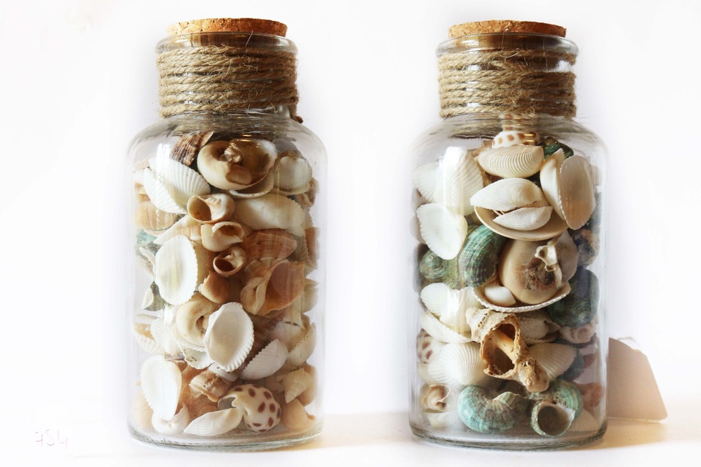 BOTTIGLIE VETRO C/SABBIA+CONCH 11CM 3 MOD 