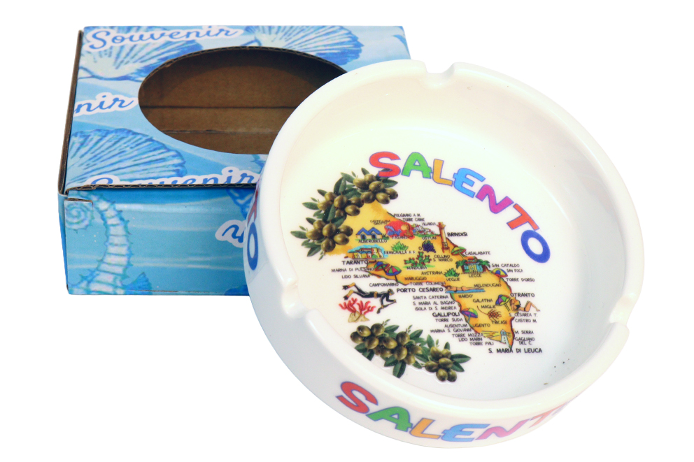 POSACENERE CERAMICA BORDO DORATO CON DECALCO SALENTO E SCATOLA