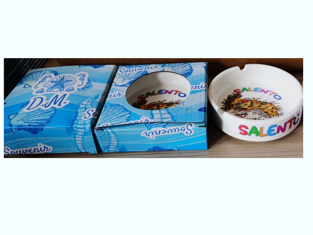 POSACENERE CERAMICA BORDO DORATO CON DECALCO SALENTO E SCATOLA