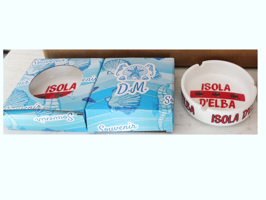 POSACENERE CERAMICA BORDO DORATO CON DECALCO IS. D'ELBA E SCATOLA