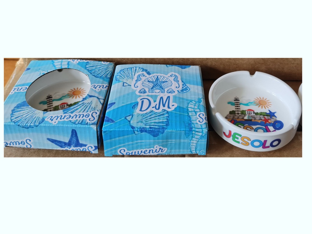 POSACENERE CERAMICA BORDO DORATO CON DECALCO JESOLO E SCATOLA