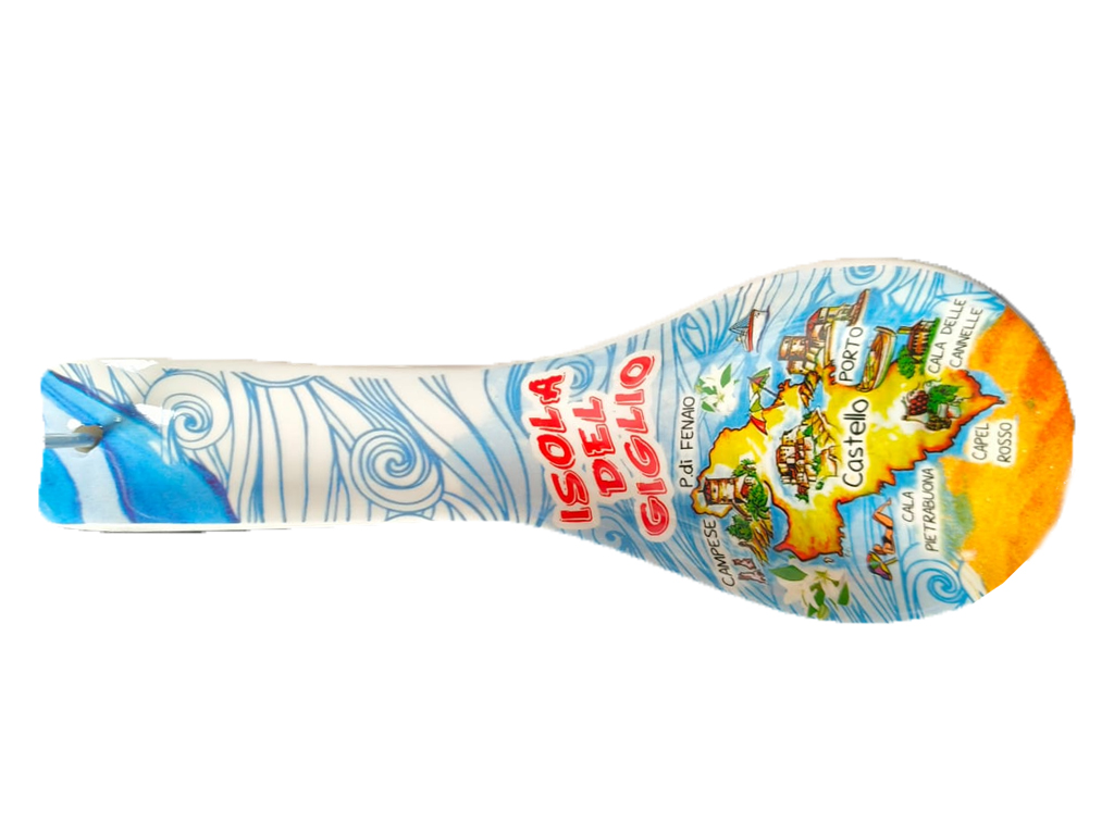 POGGIAMESTOLO CERAMICA 26CM CON DECALCO ISOLA DEL GIGLIO MAPPA E BOX CON FINESTRA