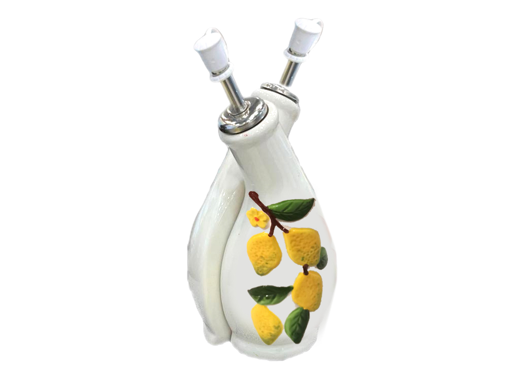 SET 2 BOTTIGLIE OLIO ACETO IN CERAMICA CON LIMONI A RILIEVO
