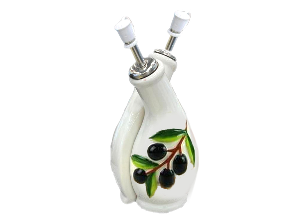 SET 2 BOTTIGLIE OLIO ACETO IN CERAMICA CON OLIVE A RILIEVO