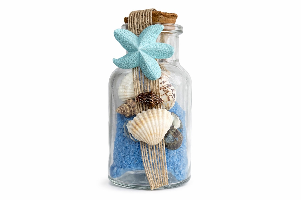 BOTTIGLIETTE VETRO FIORE CON CONCH E SABBIA CHIUSURA SOGG RESINA 10*5.8 CM (copia)
