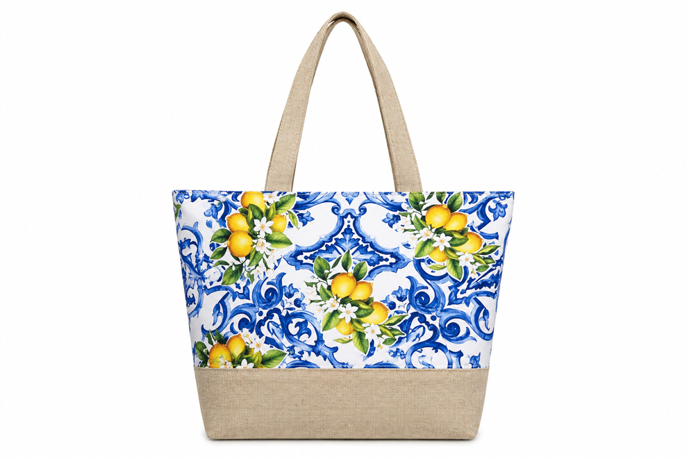 BORSA STOFFA E RAFFIA 35*26*10 LIMONI