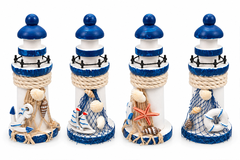 FARO LEGNO BIANCO E BLU C/INSERTI MARINI 15 CM 4 MOD ASS